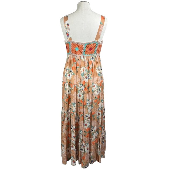 Easel Women's Crochet Top Tiered Maxi Dress Floral Bohemian Cottagecore Peach M - Picture 4 of 11